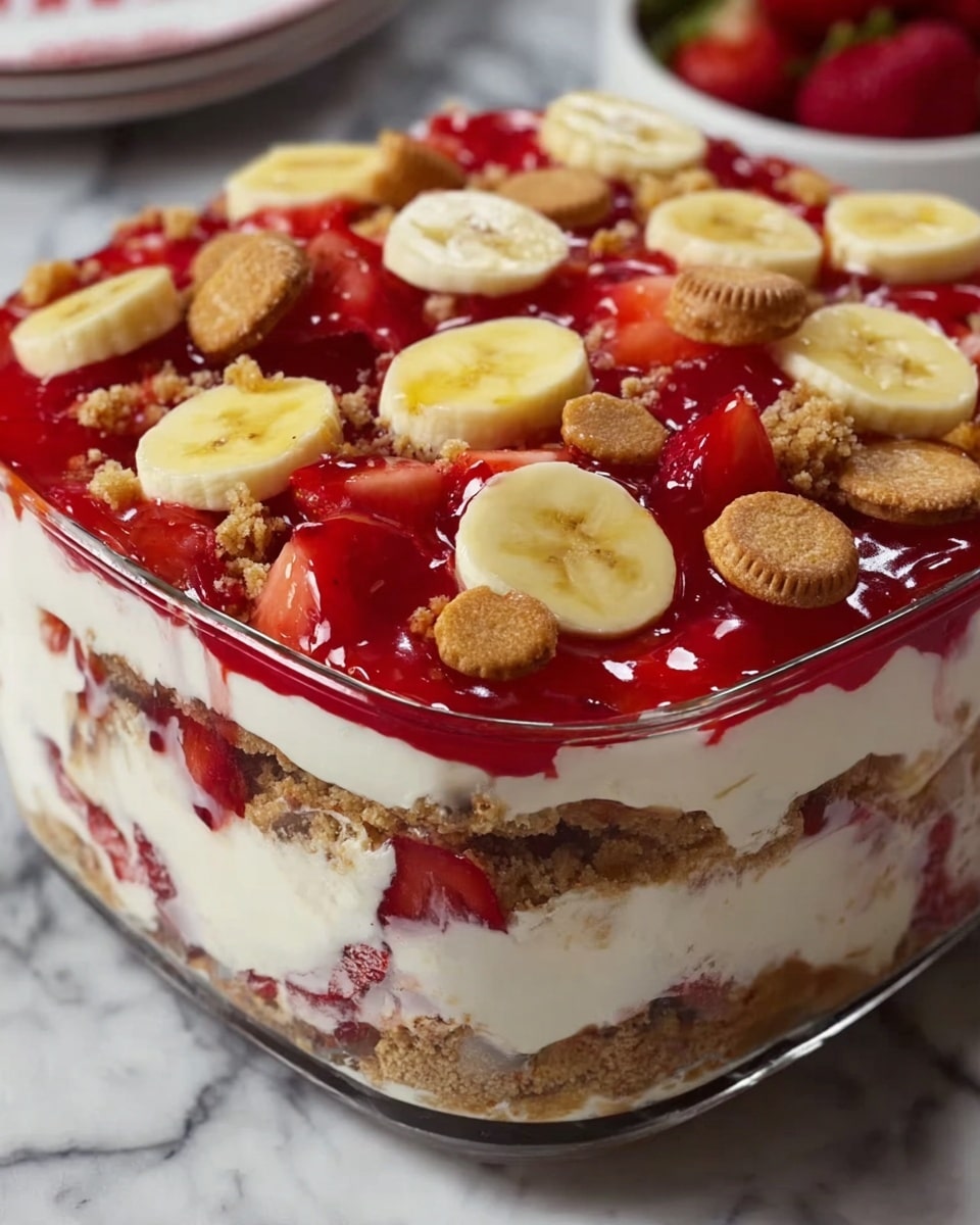 A close-up of a multi-layered dessert in a clear glass dish showing a bottom layer of crushed cookie crumbs with a rough texture, followed by a thick creamy white layer mixed with chopped strawberries. Above this creamy layer, there is a bright red glossy strawberry sauce layer topped with another thick white creamy layer. The topmost layer is decorated with sliced banana rounds, cut strawberries, and small round brown cookies. Some of the strawberry sauce drips slightly over the sides. The dish is set on a white marbled surface. Photo taken with an iphone --ar 4:5 --v 7