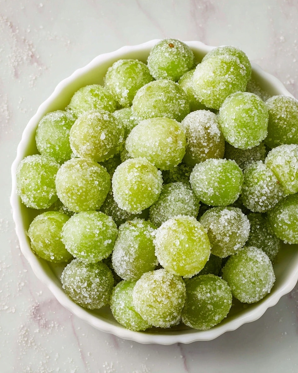A white scalloped bowl is filled to the top with small, round green grapes that are evenly coated with a layer of coarse white sugar crystals, giving them a frosted look. The grapes have a fresh, smooth texture underneath the sparkling sugar, and the bowl sits on a white marbled surface, complementing the bright green and white colors of the sugared grapes. Photo taken with an iphone --ar 4:5 --v 7