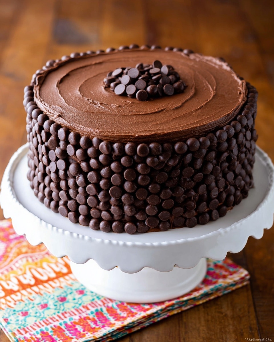 A three-layer round chocolate cake covered in smooth, dark brown chocolate frosting sits on a white scalloped cake stand. The side of the cake is decorated with four rows of shiny dark chocolate chips tightly placed all around. The top of the cake is frosted with the same smooth chocolate and has a small circle of chocolate chips in the center. The cake stand is on a wooden surface with a colorful cloth in the blurry background. photo taken with an iphone --ar 4:5 --v 7
