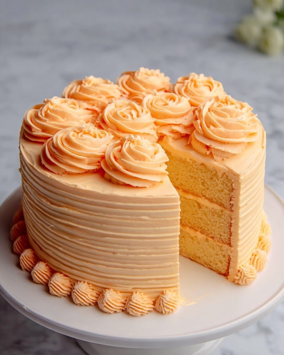 A four-layer round cake with each layer of soft yellow sponge separated by a light orange creamy frosting. The outside is covered with smooth, pale orange frosting with textured horizontal lines running around the sides. The top is decorated with large, swirled rosettes of the same light orange frosting arranged neatly across the surface. The bottom edge has small piped swirls of frosting matching the top. The cake sits on a white plate placed on a white marbled surface. photo taken with an iphone --ar 4:5 --v 7