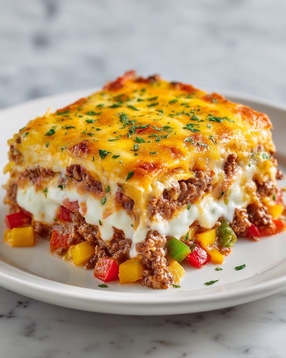 A thick square piece of layered meatloaf sits on a white plate on a white marbled surface, showing three clear layers: a bottom layer of cooked ground meat in dark brown, a middle layer with colorful diced vegetables in orange and green, and a top layer of melted golden-brown cheese with some browned spots, melted cheese dripping down the sides. The top is sprinkled with small green herb pieces, and there are more herbs scattered around the plate. The lighting highlights the juicy, rich texture of the meat and the glossy cheese. Photo taken with an iphone --ar 4:5 --v 7