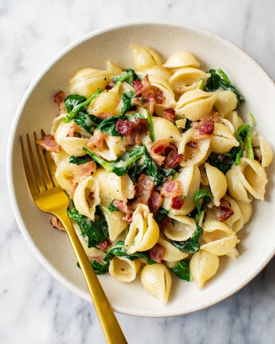 A bowl of small shell pasta mixed with pieces of cooked bacon and fresh spinach leaves, all coated in a light creamy sauce. The pasta shells, pale yellow in color and smooth in texture, serve as the main base layer. Scattered throughout are dark brown and reddish crispy bacon cubes, adding a crunchy texture on top of the pasta. Bright green spinach leaves are mixed in, giving a fresh and soft contrast to the dish. The whole mixture sits in a simple white bowl on a white marbled surface, with a gold fork placed on the left side of the bowl. photo taken with an iphone --ar 4:5 --v 7