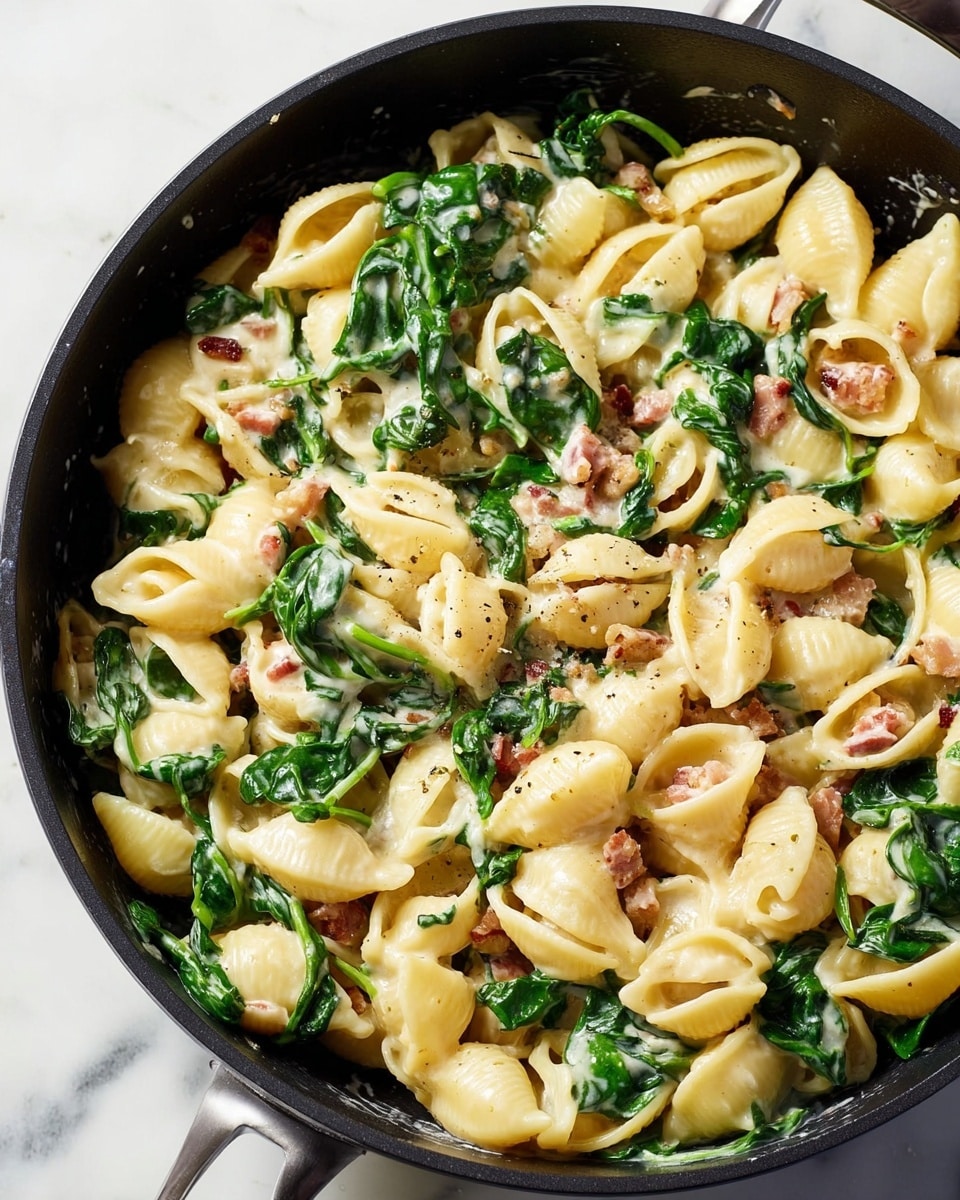 A black pan filled with shell pasta coated in a creamy white sauce, mixed with bright green spinach leaves that add fresh color. Small brown bits are scattered throughout, likely bacon or nuts, giving texture contrast. The pasta shells are plump and smooth with a light yellow hue, layered evenly with the sauce and greens. The pan sits on a white marbled surface, with some light seasoning visible on top, making the dish look rich and flavorful. photo taken with an iphone --ar 4:5 --v 7