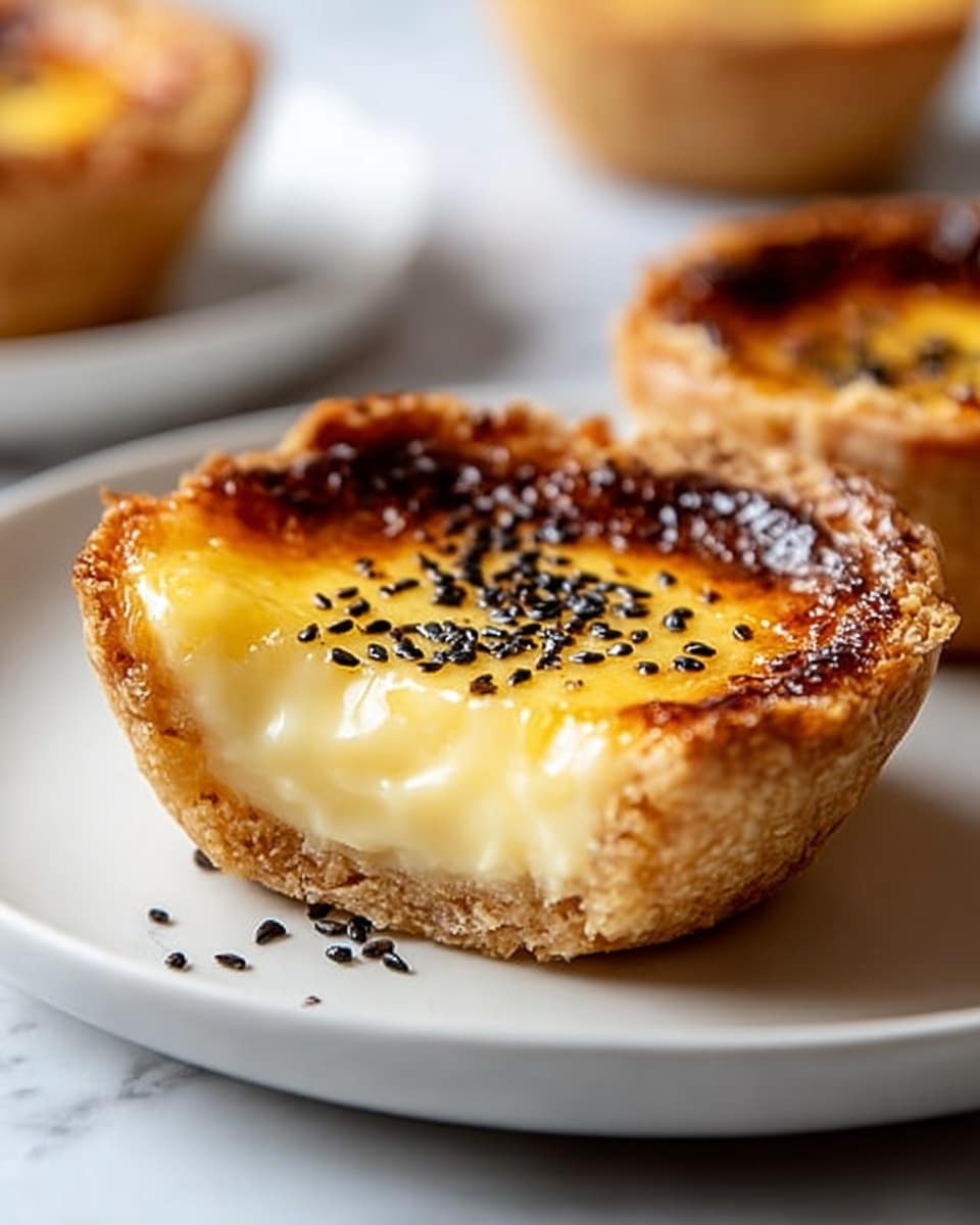 A close-up view of a small tart with three layers: the bottom and sides have a light brown, flaky pastry crust with a slightly rough texture, the middle layer is smooth and creamy pale yellow custard, and the top layer is a thin, caramelized golden brown surface with small black sesame seeds scattered on it. The tart sits on a simple white plate with a few extra black seeds around it, all placed on a white marbled surface. In the background, slightly blurred, there are other similar tarts. Photo taken with an iphone --ar 4:5 --v 7