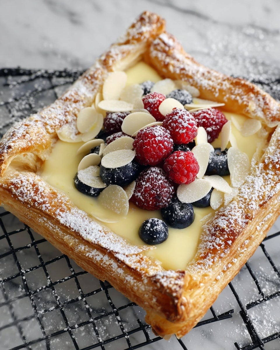 A square puff pastry tart with golden-brown, flaky edges dusted with powdered sugar forms the base layer. Inside the border, there is a thick, creamy pale yellow custard spread evenly. On top of the custard, a cluster of fresh berries, including deep blue blueberries and bright red raspberries, is placed centrally. Scattered over the berries and custard are thin, off-white almond slices lightly dusted with powdered sugar. The tart is resting on a black cooling rack over a white marbled surface. Photo taken with an iphone --ar 4:5 --v 7