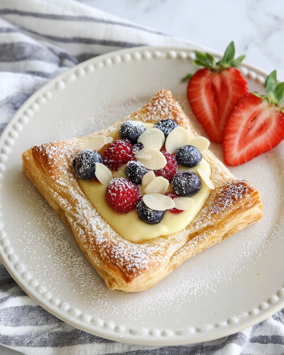 A square puff pastry tart with golden brown, flaky edges dusted with powdered sugar is placed on a white plate with a dotted rim. Inside the pastry frame is a thick layer of smooth, pale yellow cream filling. On top of the cream are scattered fresh blueberries and raspberries, along with thin, light-colored almond slices, all dusted lightly with powdered sugar. At the top right corner of the plate, two bright red halved strawberries with green leaves add a fresh touch. The plate sits on a cloth with soft light gray and white stripes, all set against a white marbled textured surface. Photo taken with an iphone --ar 4:5 --v 7