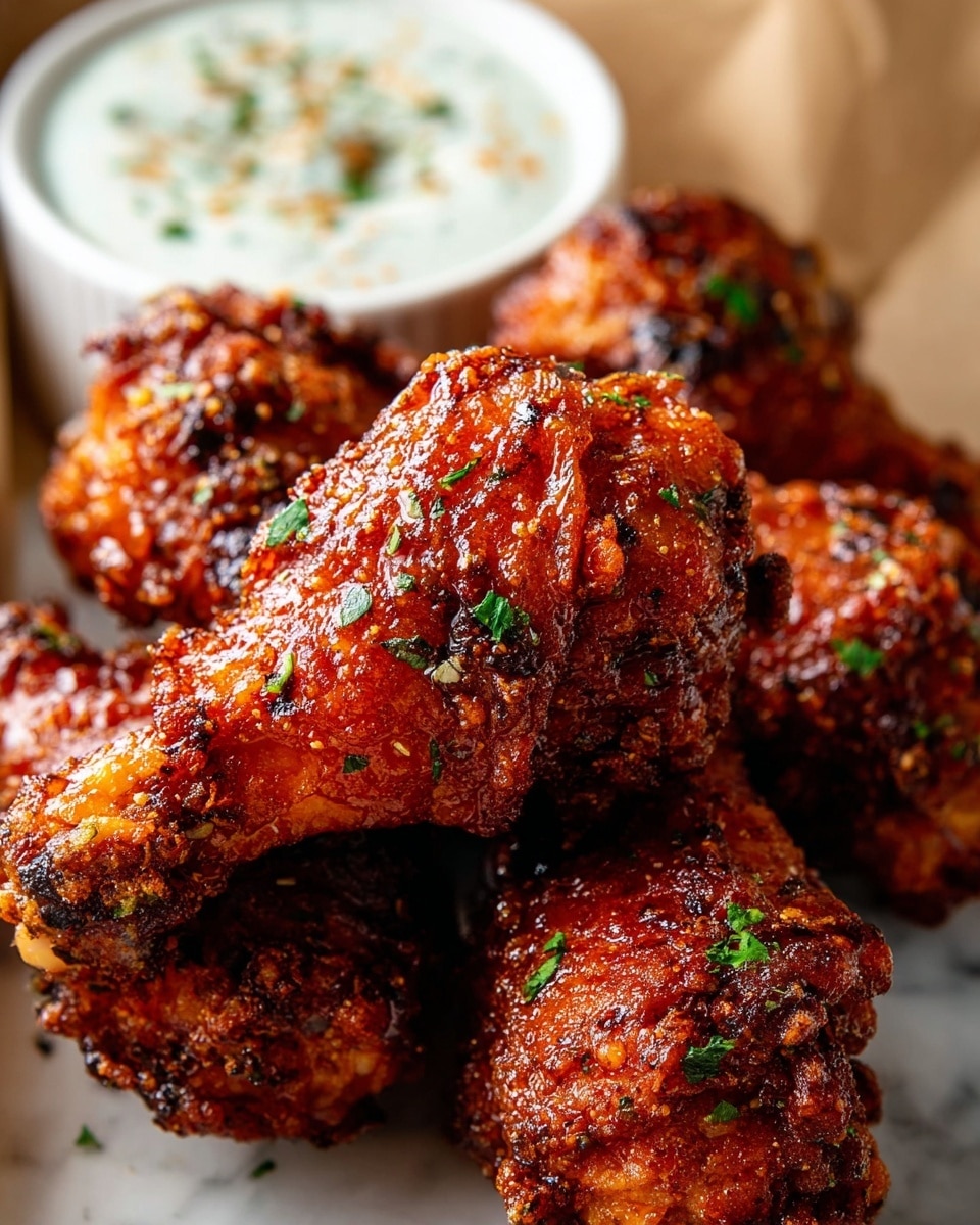A close-up of six crispy fried chicken drumsticks stacked on each other, coated in a shiny reddish-brown glaze with a crunchy texture, dotted with small green herb pieces and black pepper. Behind the drumsticks, there is a small white bowl filled with creamy white dip sprinkled with herbs and spices, all set on a white marbled surface. photo taken with an iphone --ar 4:5 --v 7