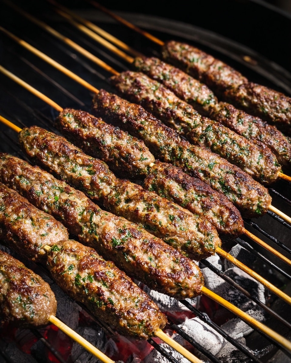 Nine grilled meat skewers are lined up close together on a metal grill rack over glowing charcoal. Each skewer has a long, oval-shaped ground meat portion mixed with herbs and spices, showing a browned, slightly charred texture with specks of green. The skewers' wooden sticks extend outward, showing a light wood color. The grill and charcoal underneath have a dark, ashy appearance, contrasting with the juicy, cooked meat above. photo taken with an iphone --ar 4:5 --v 7