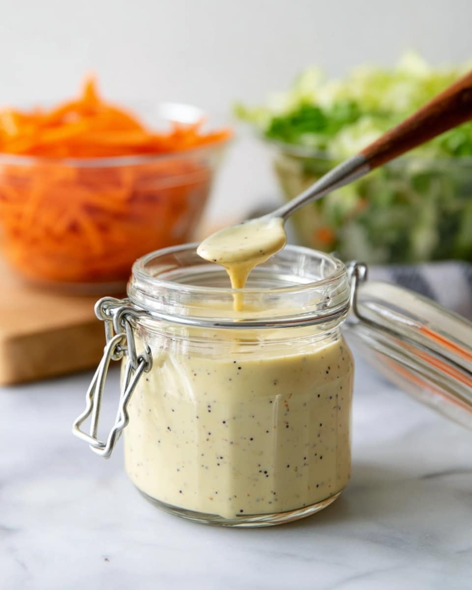 A clear glass jar with a metal latch is filled with creamy, light yellow sauce speckled with small black seeds, with some sauce dripping down the side. A wooden spoon is dipped inside the jar, angled to the left. In the blurred background, there is a clear glass bowl with chopped orange carrots and another bowl with green shredded vegetables, all on a white marbled surface. photo taken with an iphone --ar 4:5 --v 7