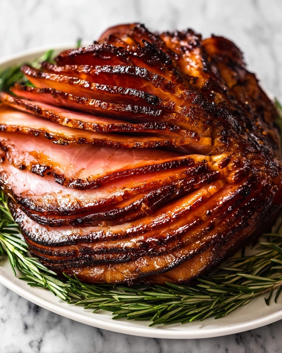 The image shows a sliced baked ham with many thin layers arranged in a curved spiral. The outer layers are dark brown with a caramelized, glossy texture, while the inner layers are a mix of pink and light brown tones, showing a juicy and tender look. The ham rests on a white plate decorated with fresh green rosemary sprigs around the base. The background is a white marbled texture. photo taken with an iphone --ar 4:5 --v 7