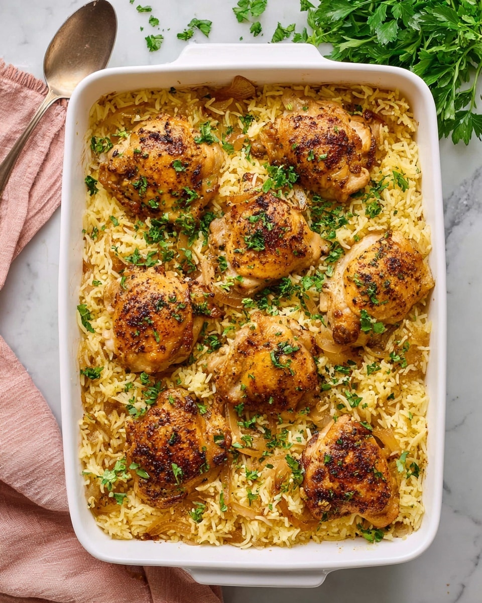 The image shows a white rectangular baking dish filled with a layer of cooked, fluffy yellow rice mixed with small pieces of browned onion covering the bottom. On top, there are eight golden-brown, oven-roasted chicken thighs evenly spaced, each piece slightly crispy and seasoned with herbs. The chicken and rice are garnished with chopped fresh green parsley sprinkled overhead. The dish sits on a white marbled surface with a spoon and a pink cloth napkin to the left and a small bunch of fresh parsley to the top right corner. Photo taken with an iphone --ar 4:5 --v 7