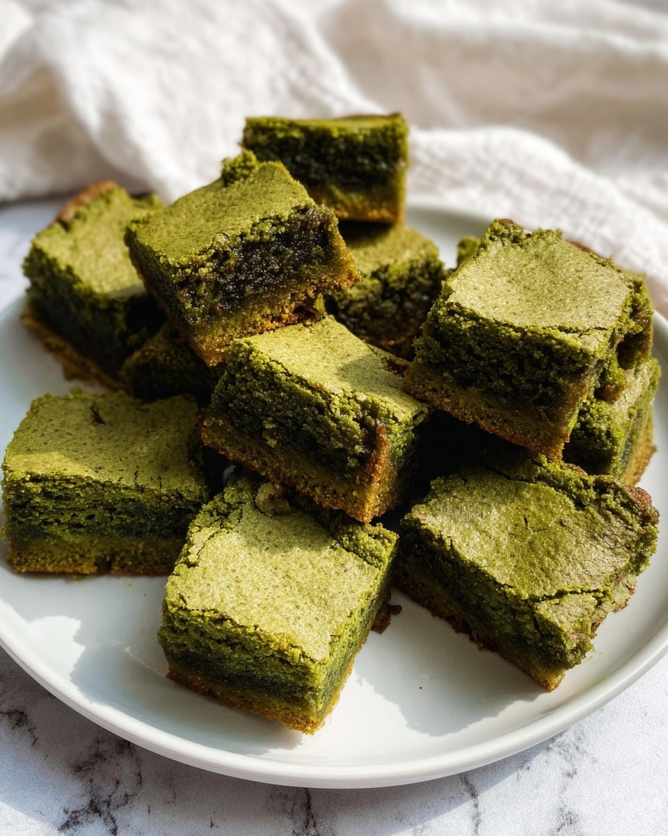 The image shows a white plate with about twelve square pieces of green-colored brownies. Each brownie has two visible layers: a slightly cracked, lighter green crust on top and a dense, moist, darker green interior. The pieces are unevenly placed on the plate, some stacked slightly on others, and the plate rests on a white marbled textured surface with a soft white cloth partially visible in the background. photo taken with an iphone --ar 4:5 --v 7