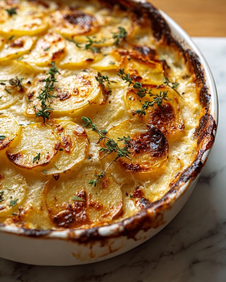 The dish is a creamy potato gratin in a white ceramic baking dish with browned edges. It has thin, round potato slices layered closely together, each slice showing a golden-brown, slightly crispy top with darker caramelized spots. The potatoes are covered in a rich, melted cheese sauce that appears smooth and creamy, with fresh green sprigs of herbs scattered on top for color contrast. The edges of the gratin show a crispy, golden crust, while the inside layers are soft and tender. The dish is placed on a white marbled surface. photo taken with an iphone --ar 4:5 --v 7