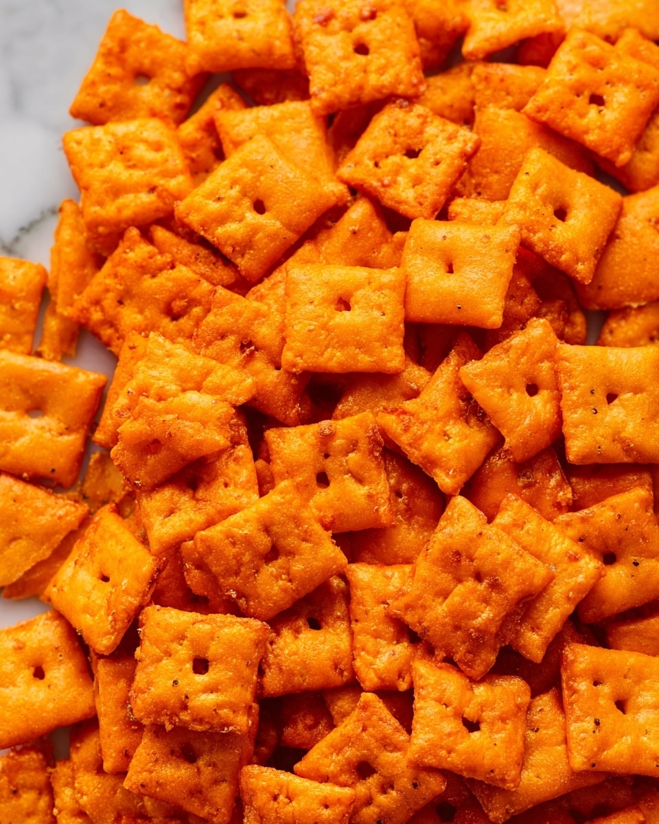 A close-up of many small, square-shaped crackers piled together in an uneven heap. Each cracker is bright orange with a textured surface showing slight bumps and crispy edges, and most have a small hole in the center. The crackers vary slightly in color from lighter to darker orange, giving a crunchy, cheesy look. The background is a smooth white marbled texture that contrasts with the vibrant orange crackers. Photo taken with an iphone --ar 4:5 --v 7