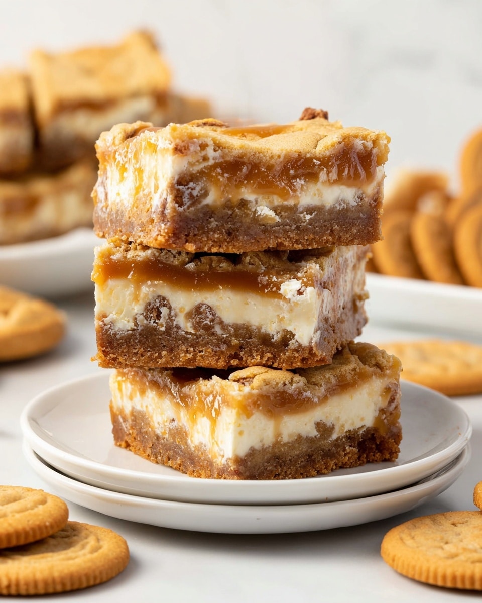 There is a stack of three dessert bars on two white plates. Each bar has multiple layers: the top layer is light golden brown with parts of a cookie visible, the middle layer is soft and gooey with a cream layer mixed with melted caramel color, and the bottom layer is thick and has more cookie pieces. The texture looks moist and soft with bits of cookie crumb stuck around. Around the plate are a few light brown cookies matching the bars, all set on a white marbled surface. photo taken with an iphone --ar 4:5 --v 7