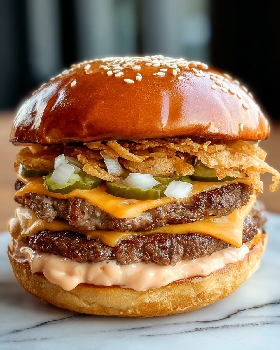 A close-up view of a double-layer burger with a glossy, sesame-seed topped golden-brown bun on top. The first layer is crispy light brown fried onion strips with small diced white onions and green pickle slices just below the top bun. Underneath is a thick, juicy grilled beef patty covered with melted orange cheese. Below that is a creamy pinkish sauce spread over a second thick beef patty, all held together by a toasted golden-brown bottom bun. The burger sits on a white marbled surface. photo taken with an iphone --ar 4:5 --v 7
