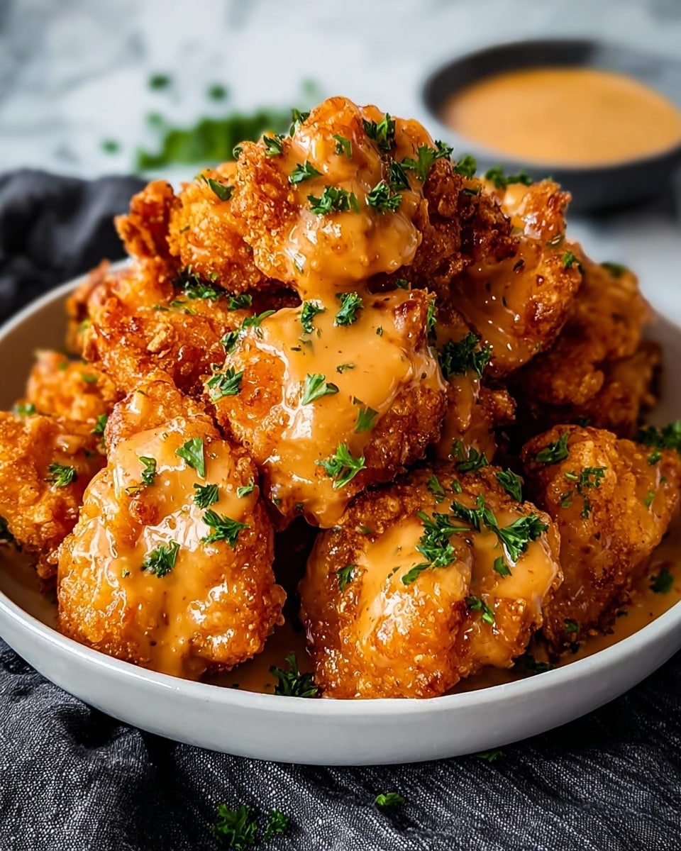 A white bowl is full of golden-brown fried chicken pieces stacked in layers, each piece covered with a smooth, light orange creamy sauce. Small bright green parsley leaves are sprinkled on top and scattered around the chicken, adding fresh color contrast. The bowl sits on a white marbled surface with a soft dark cloth partially visible underneath. The chicken looks crunchy and juicy with the sauce dripping down the sides, creating a rich and delicious appearance. photo taken with an iphone --ar 4:5 --v 7