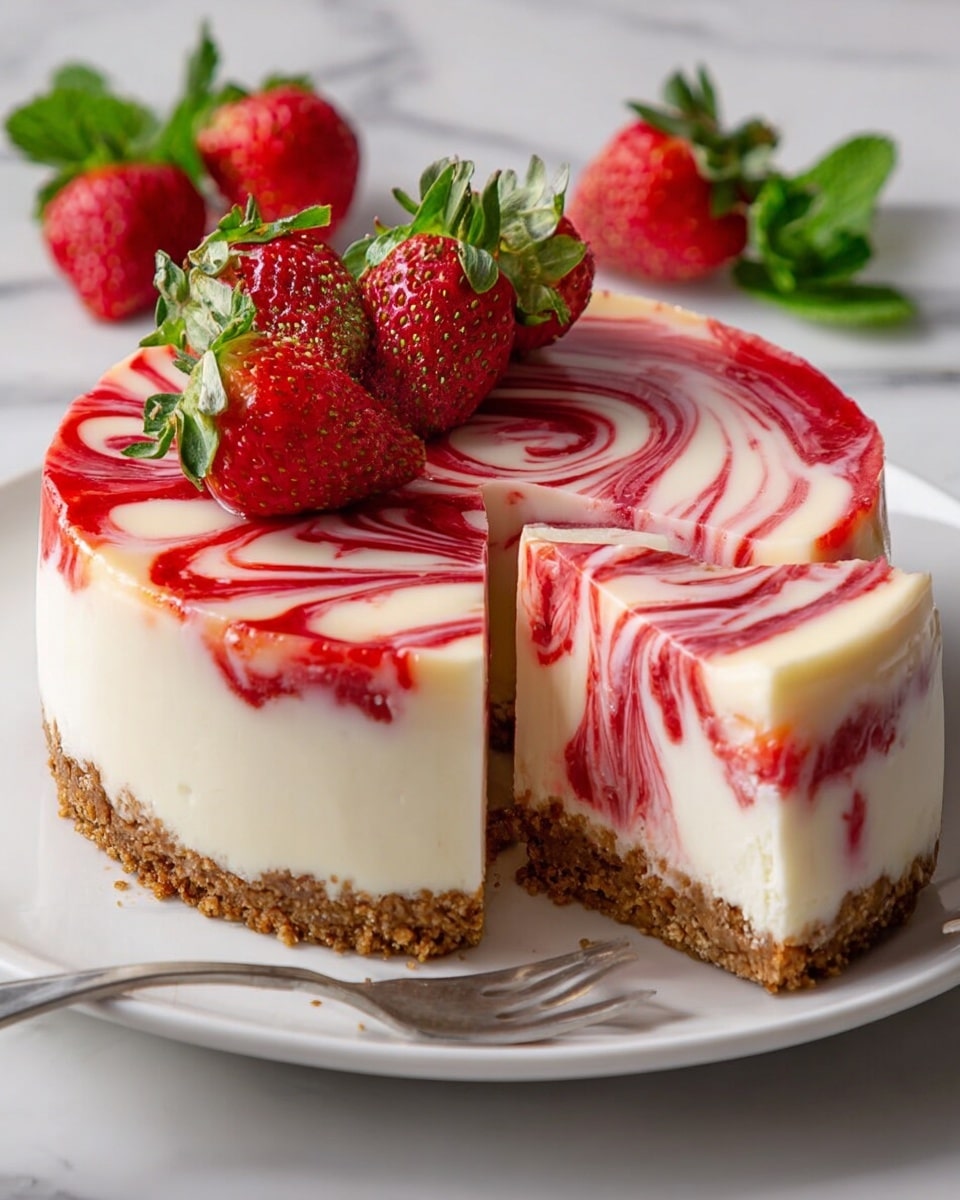 A round cheesecake with three visible layers sits on a white plate with delicate edging, placed on a white marbled surface. The bottom layer is a thick, crumbly light brown crust. Above this is a thick, smooth cream-colored cheesecake layer with soft texture and clean straight sides. The top layer is a glossy swirl of white and bright red strawberry sauce that spreads in a circular pattern. The cheesecake is cut, revealing the swirl pattern continuing inside the creamy layer. Fresh whole and halved strawberries with green leaves decorate the top and sides, adding bright red and green colors. A silver fork with a white handle rests to the left of the plate. photo taken with an iphone --ar 4:5 --v 7
