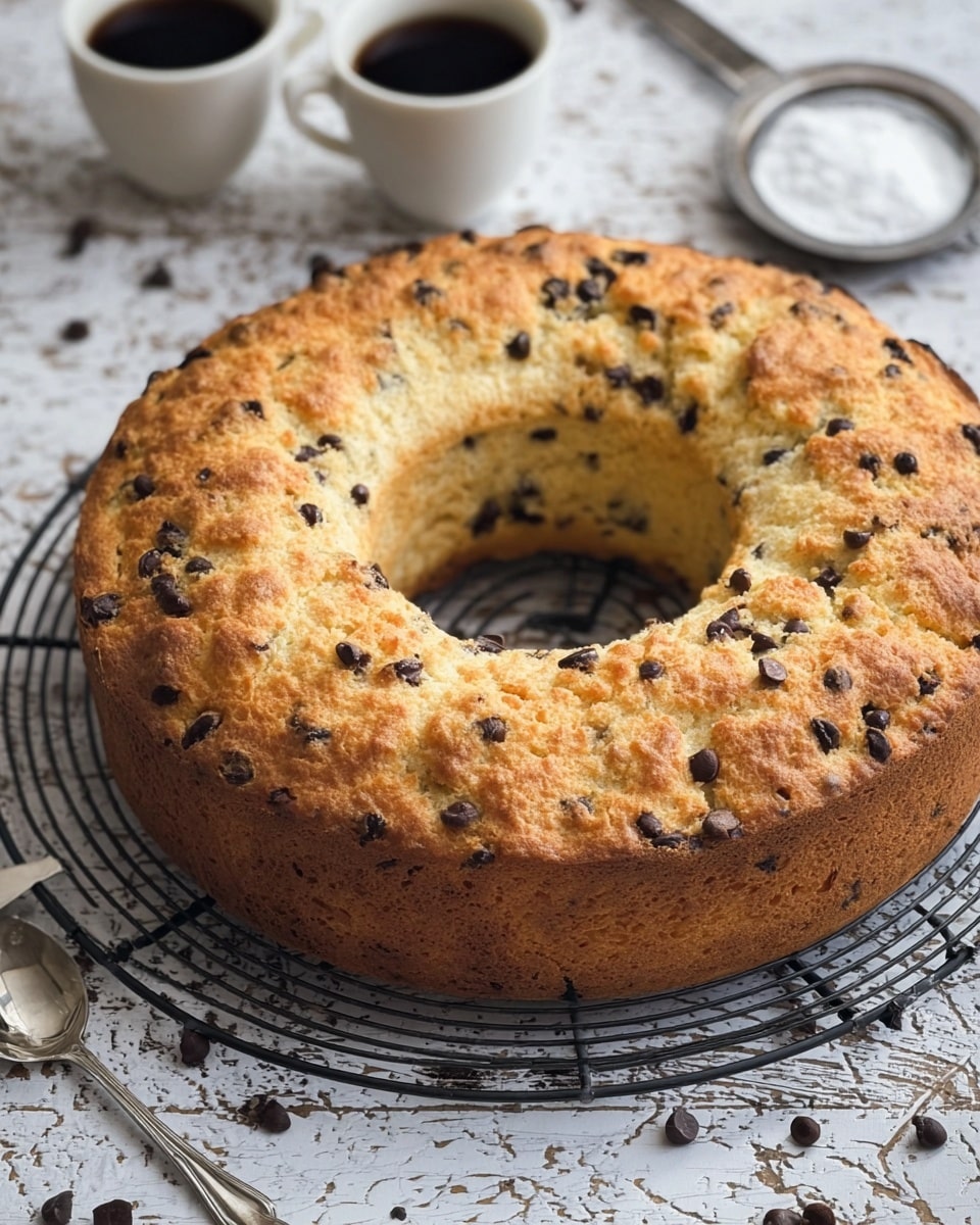 A round cake with a lightly golden crust and studded with small dark chocolate chips sits on a round black cooling rack; the cake has a soft, pale yellow inside and is dusted with a layer of white powdered sugar on top, with two slices cut and placed next to the main cake forming a semi-circle shape with a visible airy texture. Around the cake, there is a white marbled surface sprinkled with powdered sugar and some scattered chocolate chips. At the bottom of the image, two white cups filled with dark black coffee are placed side by side, and to the right, a silver stovetop coffee maker is partially visible. Photo taken with an iphone --ar 4:5 --v 7