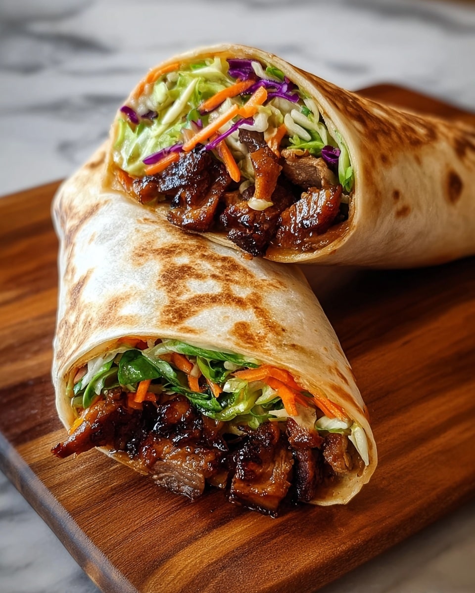Two cut halves of a toasted tortilla wrap rest on a wooden board over a white marbled surface. Each half reveals layered fillings inside the wrap, starting with a bottom layer of dark, glossy grilled meat pieces that look juicy and caramelized. Above the meat is a thick layer of fresh mixed vegetables, including green lettuce, shredded carrots, and bits of purple cabbage, creating a colorful, crunchy texture. The tortilla crust is light golden with some darker toasted spots, wrapped tightly around the fillings. The close-up, detailed image captures the textures of the warm tortilla and the fresh, vibrant food inside. photo taken with an iphone --ar 4:5 --v 7