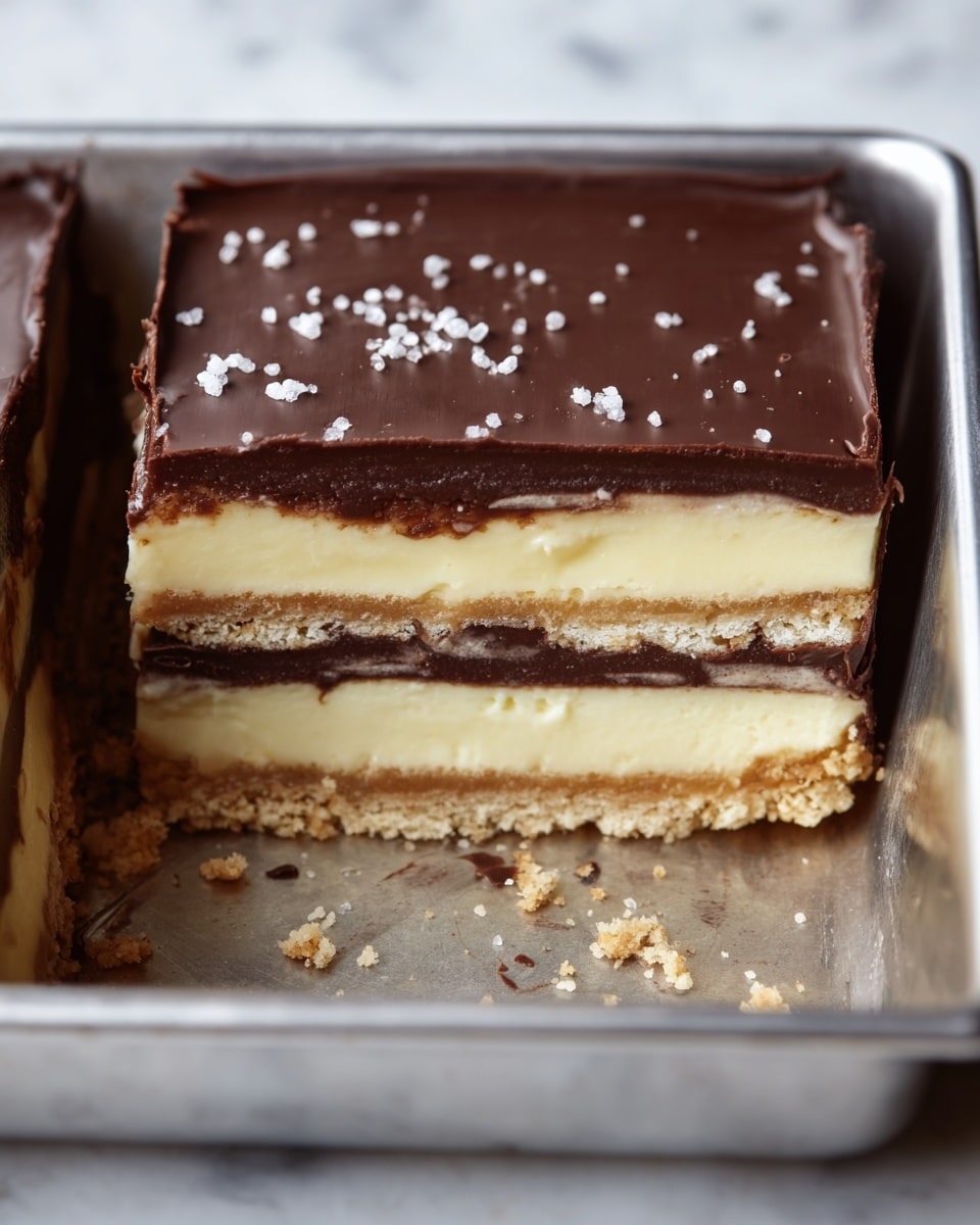 A slice of dessert in a metal tray shows four layers, starting with a crumbly brown base layer, followed by three creamy pale yellow layers separated by thin lines of dark chocolate, topped with a smooth, thick, glossy dark chocolate layer with a few small white sprinkles. The dessert’s edges are slightly uneven, with crumbs scattered in the tray, all set against a white marbled texture background. Photo taken with an iphone --ar 4:5 --v 7