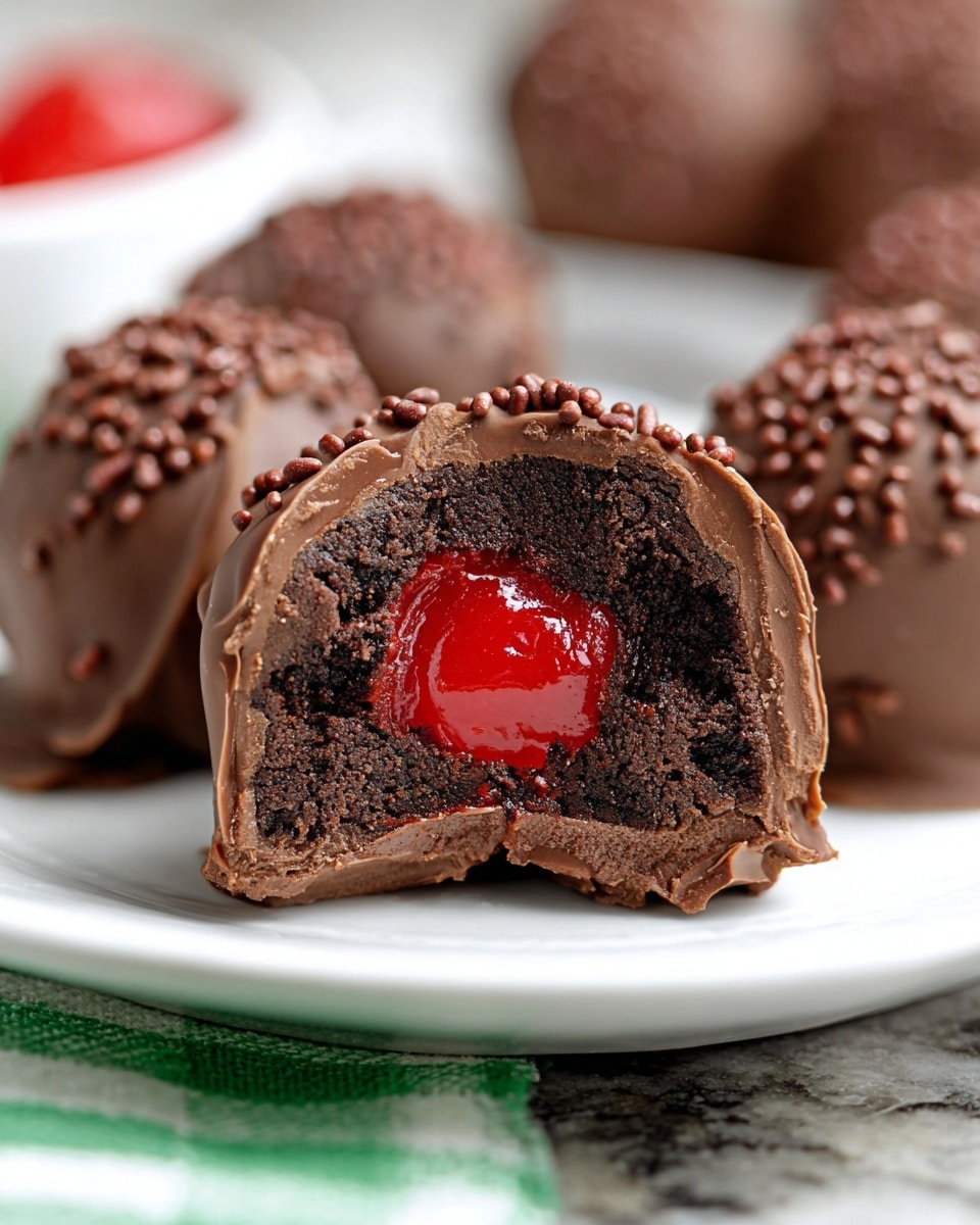 A close-up of a chocolate treat with three visible layers: the outer layer is dark brown chocolate with a smooth texture and small chocolate sprinkles on top, the middle layer is a dense, slightly crumbly brownie-like chocolate, and the center reveals a bright red cherry with a glossy, juicy texture. The treat is cut in half and placed on a white plate with a curved edge, sitting on a green and white checkered cloth, all on a white marbled surface. In the blurred background, there are more whole chocolate treats and a glass jar with a yellow label. Photo taken with an iphone --ar 4:5 --v 7
