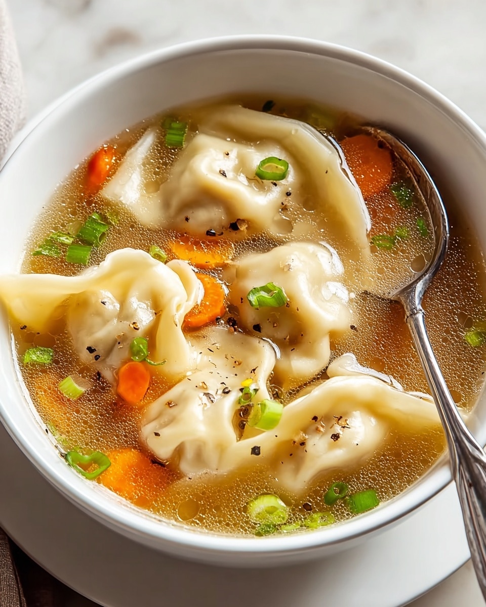 A white bowl filled with a light brown broth soup, containing around five large, smooth, pale beige dumplings floating near the surface. The soup also has bright orange carrot slices and small pieces of chopped green onions sprinkled on top. The broth looks clear with some black pepper specks, creating a gentle shine on the dumplings and vegetables. A silver spoon rests inside the bowl, angled on the right side. The bowl is set on a matching white plate, all placed on a soft white marbled surface. Photo taken with an iphone --ar 4:5 --v 7