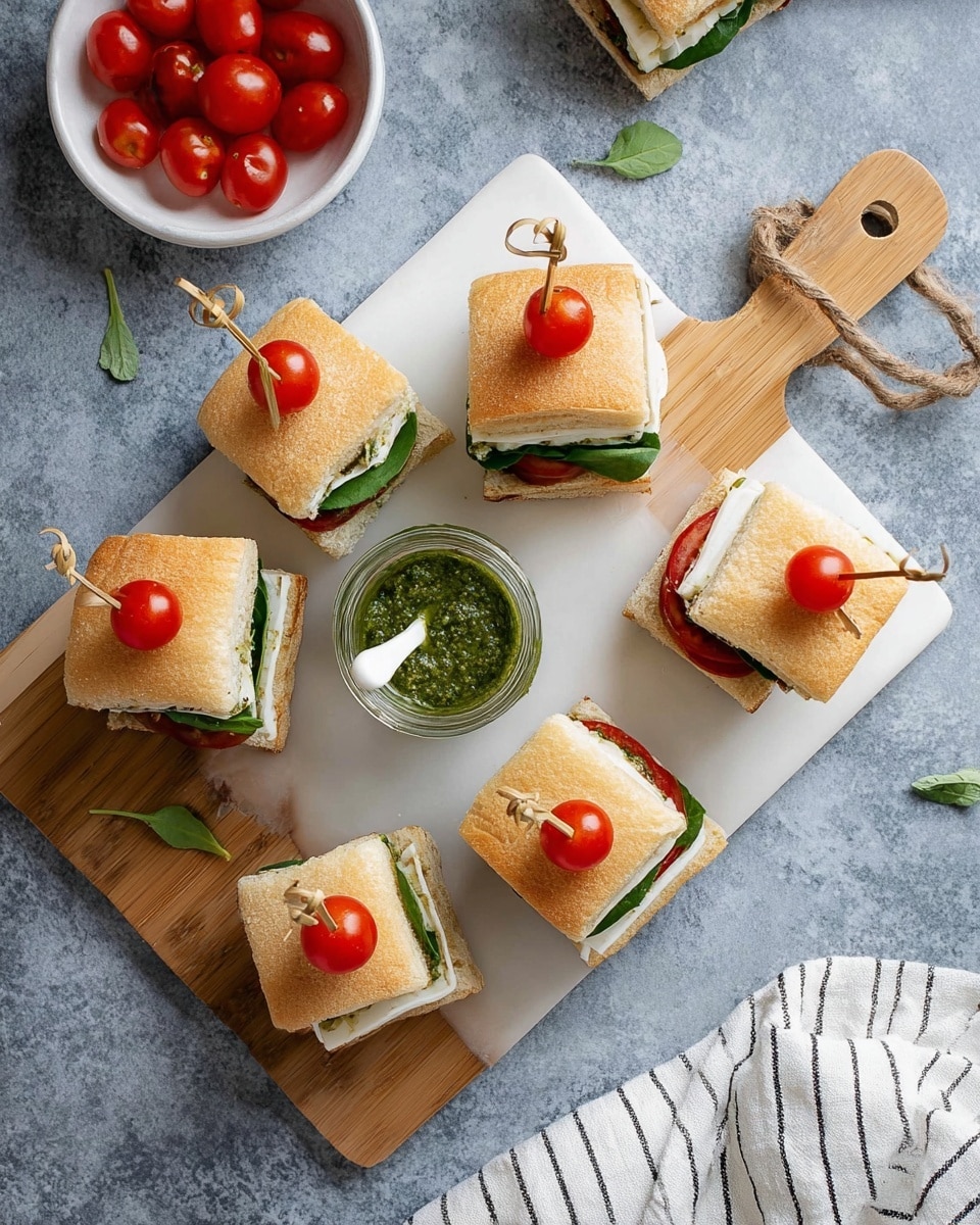 The image shows six small sandwich pieces arranged on a white board with a wooden section on top. The sandwiches have a light brown, soft bread crust. Inside, each piece has three main layers: a layer of green leafy spinach at the bottom, a white cheese slice in the middle, and a layer of red tomato slices above it. Some sandwiches are topped with a whole red cherry tomato held by a small wooden skewer. In the center of the board, there is a small glass jar filled with green pesto sauce, with a white spoon inside it. To the top left, there is a small white bowl holding halved red cherry tomatoes. The whole setup is placed on a gray surface that has been changed to a white marbled texture with a striped cloth visible on the bottom right. photo taken with an iphone --ar 4:5 --v 7