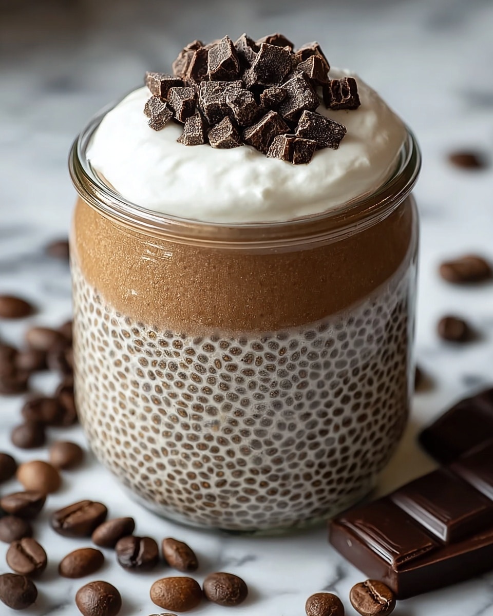 A clear glass jar filled with three visible layers: the bottom and main layer is a creamy light brown chia pudding with tiny, evenly spaced seeds giving it a textured look; on top of this is a thick white dollop of whipped cream, smooth and slightly rounded; the topmost layer is a generous pile of dark brown chunky chocolate pieces with a rough texture. The jar sits on a white marbled surface with dark brown coffee beans and pieces of dark chocolate around it. Photo taken with an iphone --ar 4:5 --v 7