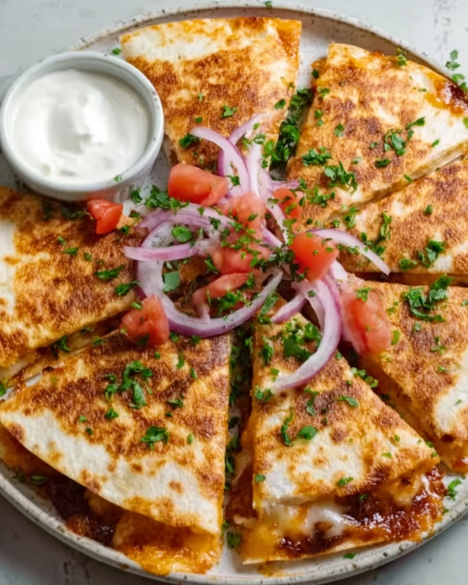 The image shows a white plate with several slices of a golden brown quesadilla arranged in a circle. Each slice has a slightly crispy, toasted surface with visible melted cheese and bits of meat inside, giving a textured look. In the center, there are garnishes of thinly sliced purple onions, small pieces of red tomato, and fresh green cilantro scattered on top. A small bowl with a dark dipping sauce is placed near the upper left corner of the plate. The background is a white marbled surface. Photo taken with an iphone --ar 4:5 --v 7