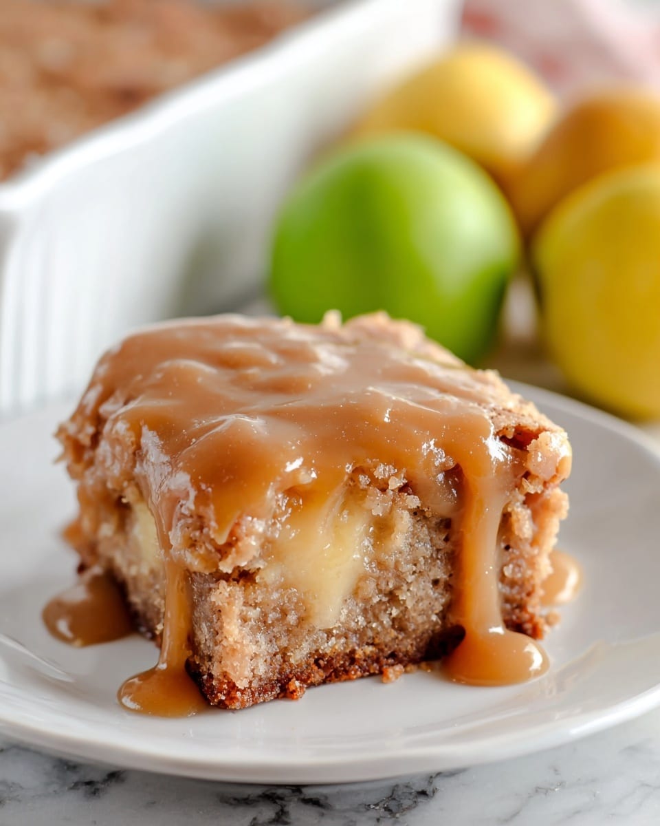 The image shows a rectangular white ceramic baking dish filled with a baked dessert that has a soft, irregular top layer with a golden brown color. This top layer has a smooth, glossy glaze that appears shiny and wet, covering the entire surface. The texture of the baked layer is slightly bumpy with some cracks, adding depth to the finish. The dish is placed on a white marbled surface, and the focus is on the glistening dessert with the background softly blurred. photo taken with an iphone --ar 4:5 --v 7