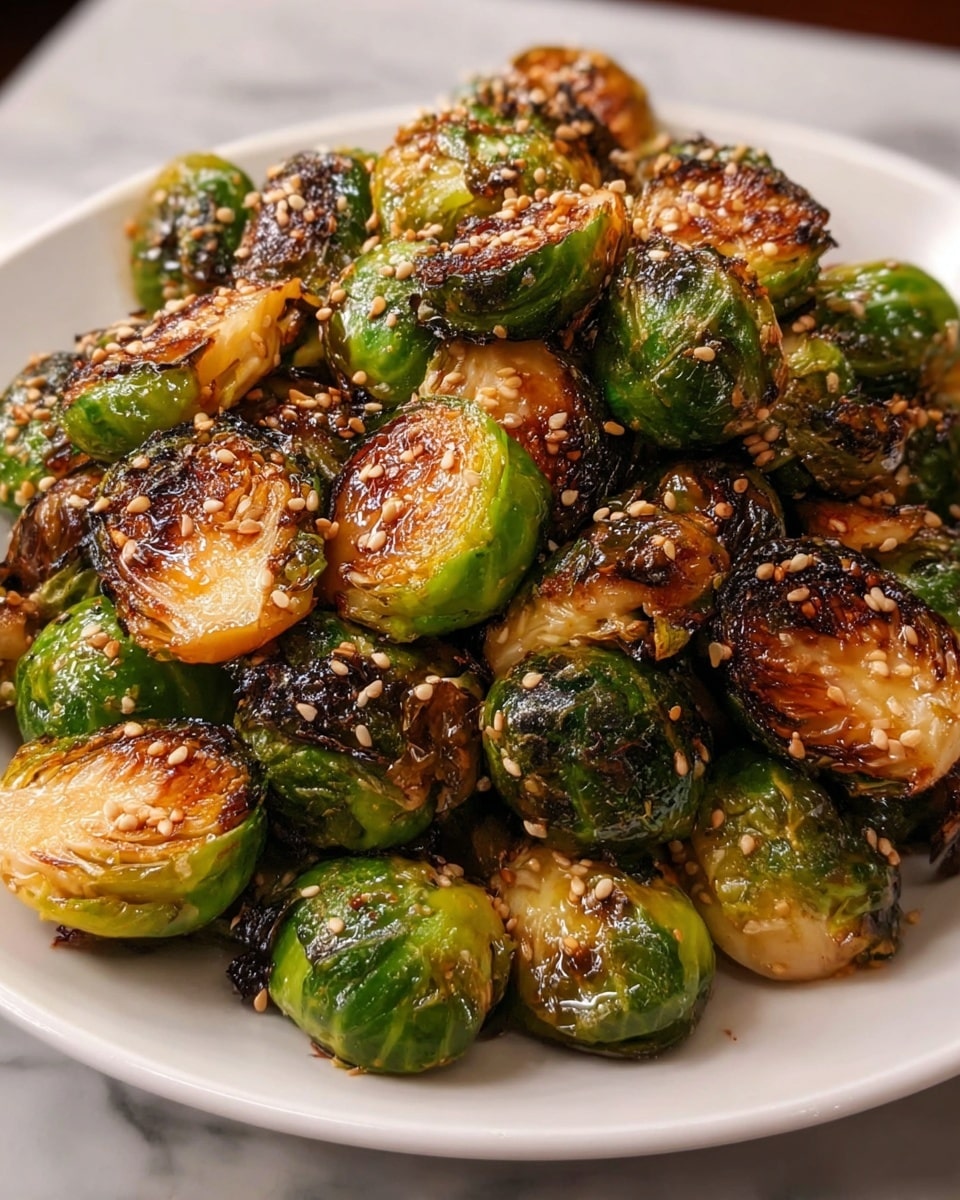 A white plate filled with roasted Brussels sprouts, some whole and some cut in half, showing a mix of bright green and crispy, dark brown charred edges. The sprouts are coated with a shiny glaze and sprinkled with sesame seeds, adding texture and small light beige spots. The plate sits on a white marbled surface with soft lighting enhancing the glossy and caramelized look of the dish. Photo taken with an iphone --ar 4:5 --v 7