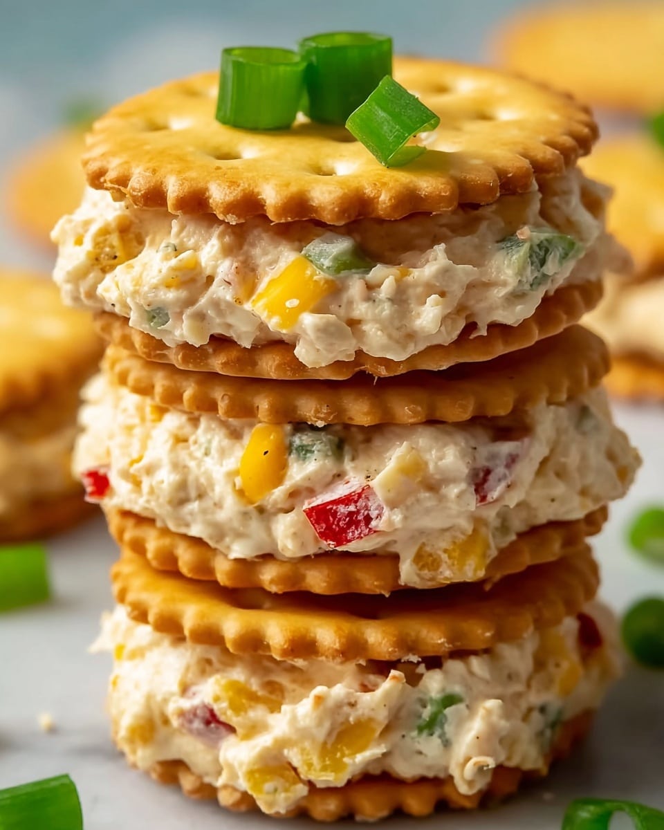 A close-up view of a stack of three sandwich crackers on a white marbled background, each cracker sandwich consisting of two golden-brown, round crackers with small holes on top and a scalloped edge. Between the crackers is a thick, chunky layer of creamy white cheese mixed with visible pieces of yellow cheddar, small red bell pepper bits, and green scallions. The top cracker sandwich is garnished with three green scallion pieces on top, adding a fresh contrast to the warm tones of the crackers and filling. Additional crackers and scallions are blurred in the background. photo taken with an iphone --ar 4:5 --v 7