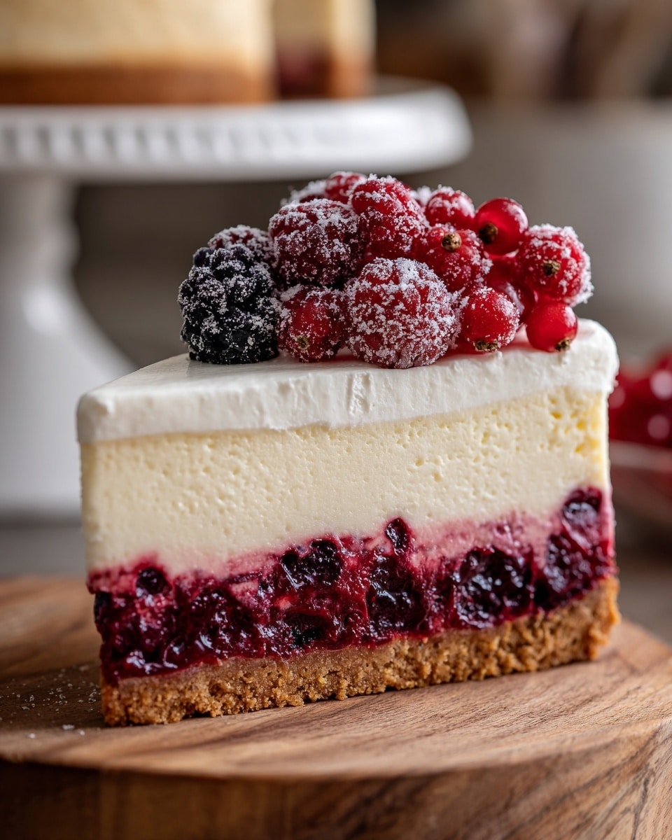 A thick slice of cheesecake with four layers is shown. The bottom layer is a crumbly light brown crust. Above the crust is a deep red berry filling with visible whole berries. The third layer is a dense, creamy off-white cheesecake. On top of the cheesecake is a thick layer of smooth white cream, topped with cluster of shiny red berries covered in a light coating of sugar. The slice sits on a wooden surface with a blurred background of a white cake stand holding more cheesecake. Photo taken with an iphone --ar 4:5 --v 7