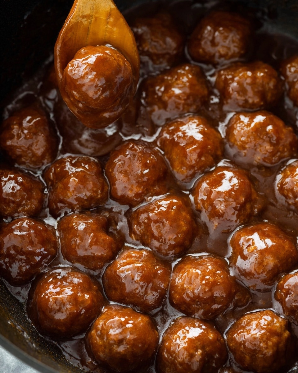 A close-up view of many glossy brown meatballs covered in a thick, shiny brown sauce, filling the inside of a dark pan. The meatballs have a smooth texture and are densely packed, with some overlapping each other. A spoon is partly visible on the left side, lifting a few meatballs, showing the rich sauce dripping from them. The background is a white marbled texture. photo taken with an iphone --ar 4:5 --v 7