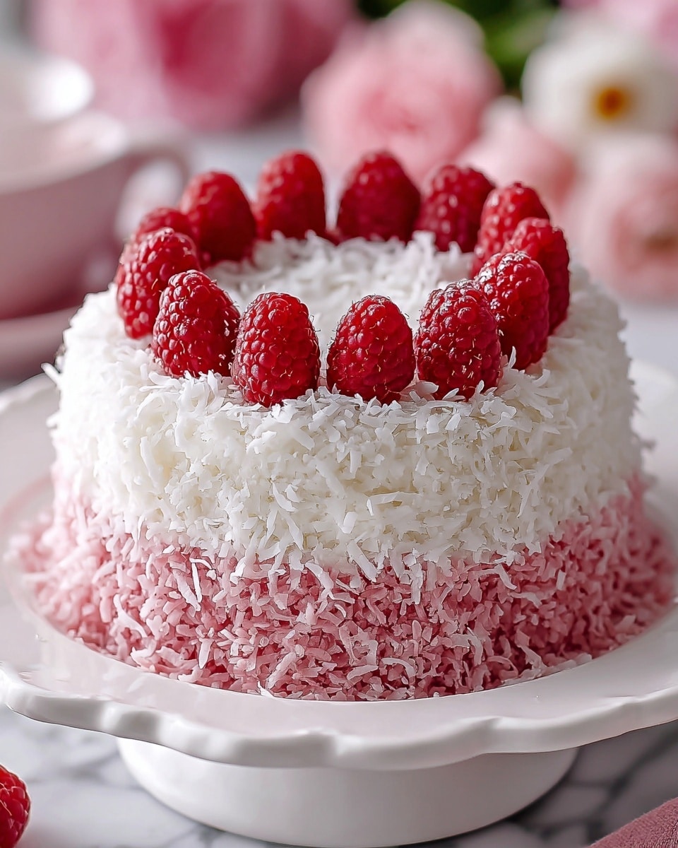 A round, dome-shaped dessert sits on a white plate with a scalloped edge resting on a white marbled surface. The dessert has two main layers: the bottom layer is a smooth, pinkish-red color covered in shredded white coconut that creates a rough texture, while the top layer is white and also coated in shredded coconut, giving it a fluffy look. On top, there is a circle of fresh red raspberries, evenly spaced and sitting on the white layer, adding a pop of bright red color. The background shows soft pink tones with blurred flowers. Photo taken with an iphone --ar 4:5 --v 7