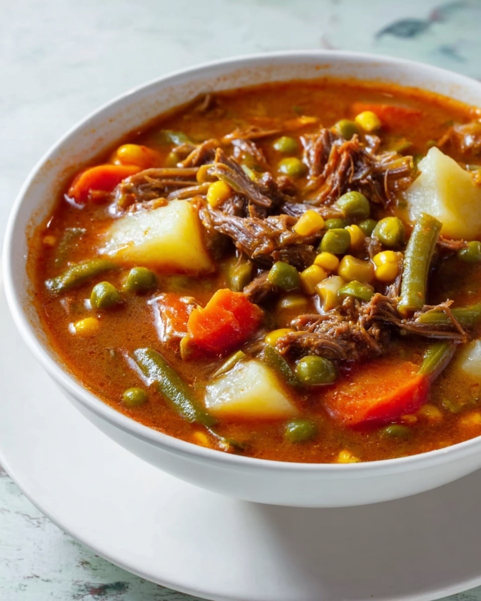 A white bowl filled with a thick stew sits on a white bowl underneath on a white marbled surface. The stew has a rich orange-brown broth layered with chunks of shredded beef in dark brown, whole green peas, bright orange carrot slices, yellow corn kernels, green beans, and large white potato pieces all mixed evenly throughout. The surface of the stew glistens slightly, showing the moist texture of the meat and the tender vegetables within the vibrant broth. photo taken with an iphone --ar 4:5 --v 7