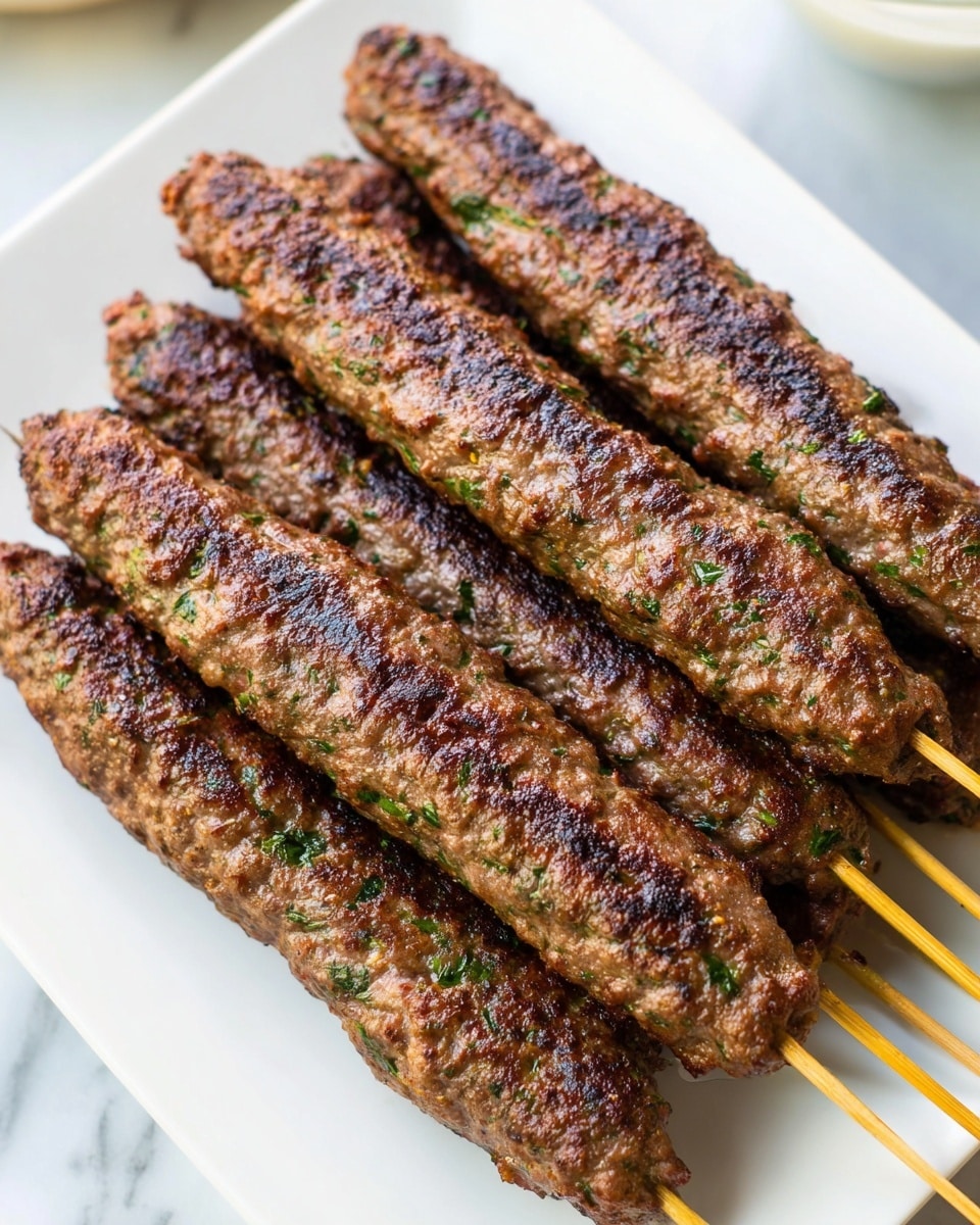 A white rectangular plate holds seven grilled kebabs made of minced meat mixed with green herbs. Each kebab is medium brown with a shiny, slightly oily surface, showing a rough texture with small bits of herbs visible throughout. The kebabs are long and cylindrical, skewered on light wooden sticks that extend beyond the meat. They are stacked closely in two neat layers on the plate, with some slight charring marks on the meat. The background is a soft, white marbled texture. photo taken with an iphone --ar 4:5 --v 7