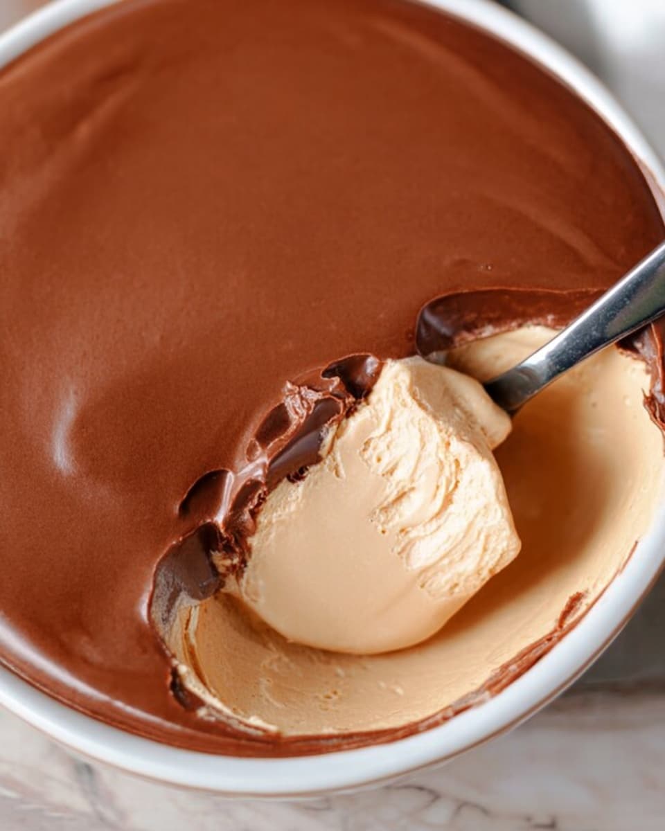 A close-up view of a round dessert with two clear layers in a white bowl on a white marbled texture. The top layer is smooth, thick, and lasts milk-chocolate brown, covering the entire surface evenly. The bottom layer is creamy and pale beige, visible where a spoon scoops from the side, showing a rich and soft texture. The spoon holds a mix of both layers, blending the chocolate and creamy parts. Photo taken with an iphone --ar 4:5 --v 7