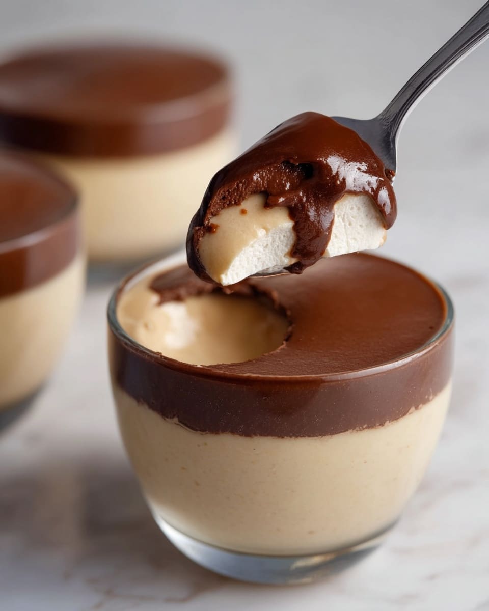 The image shows a dessert in a clear glass cup with two visible layers: a thick, smooth, dark brown chocolate layer on top and a creamy, light beige layer beneath it. A spoon is lifting a scoop from the cup, revealing half of the chocolate layer on top and the creamy layer under it, both having a smooth texture. In the background, another glass cup with the same dessert is slightly out of focus, placed on a white marbled surface. photo taken with an iphone --ar 4:5 --v 7