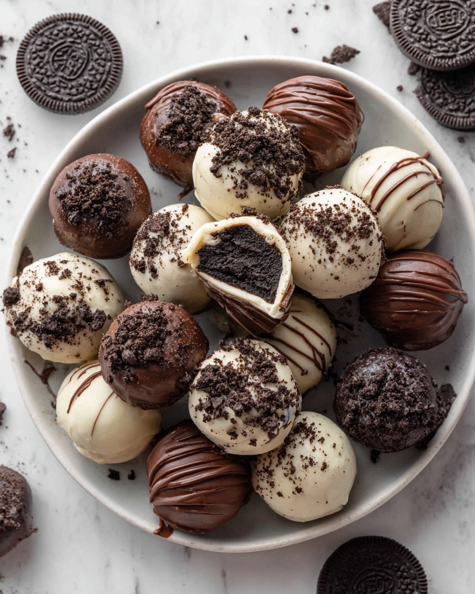 A round white plate on a white marbled surface holds an assortment of dark chocolate and white chocolate truffles. The truffles have a smooth, glossy finish with some covered in dark chocolate drizzles and others topped with crushed chocolate cookie crumbs. One white chocolate truffle is broken to show a dark, dense chocolate center inside. Around the plate, there are whole chocolate sandwich cookies placed randomly. The truffles are arranged closely, showing their round shape and different textures in a visually rich presentation. Photo taken with an iphone --ar 4:5 --v 7