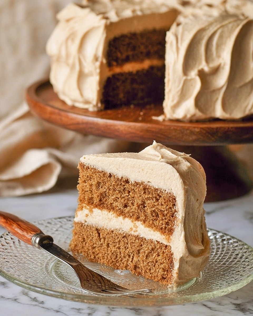A slice of two-layered brown cake with light tan frosting between the layers and covering the outside sits on a clear textured glass plate, with a wooden-handled knife beside it. Behind it, the rest of the cake is placed on a wooden cake stand. The surface underneath is white marble. The cake texture looks soft and moist, and the frosting is thick and creamy with waves on the top. Photo taken with an iphone --ar 4:5 --v 7