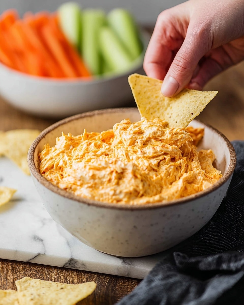 The image shows a bowl of creamy, orange cheese dip with shredded cheese mixed in, giving it a slightly chunky and textured appearance. A woman's hand is holding a triangular crispy chip scooping some of the dip from the bowl. The bowl is white and speckled with a rough texture, sitting on a dark wooden surface with a blue and white striped cloth nearby. In the background, there is a white bowl filled with fresh carrot and celery sticks, and some loose chips are scattered around. The surface behind is changed to a white marbled texture. photo taken with an iphone --ar 4:5 --v 7