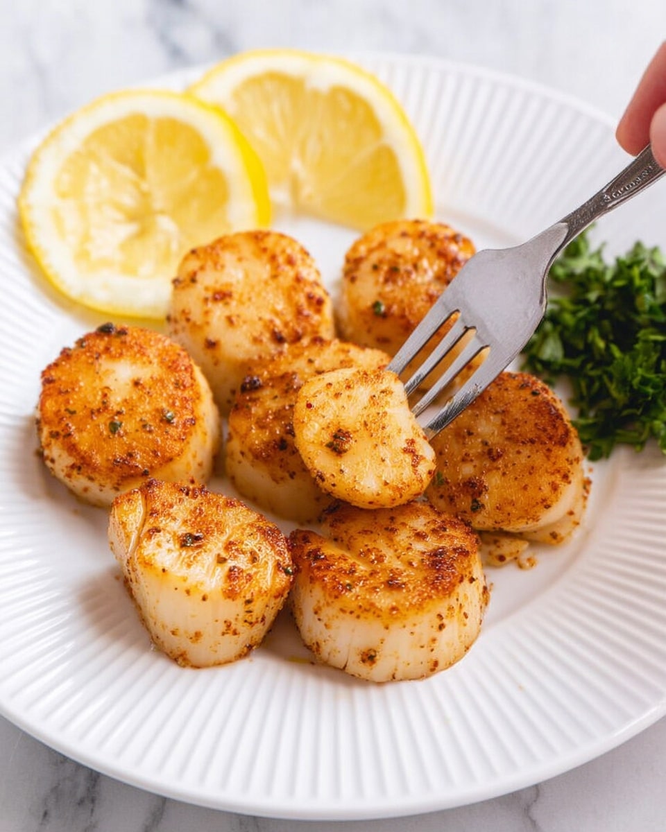 The image shows six round, golden-brown seared scallops arranged on a white plate with ridged edges. Each scallop has a slightly crispy, seasoned texture with small specks of spices visible. In the top left of the plate, there are two lemon wedges with bright yellow rinds and pale yellow flesh, adding a fresh look. Behind the scallops on the right side, there is a small bunch of finely chopped green herbs, providing a fresh contrast. A silver fork is held by a woman's hand, gently pressing into one scallop from above. The background is a white marbled texture. photo taken with an iphone --ar 4:5 --v 7