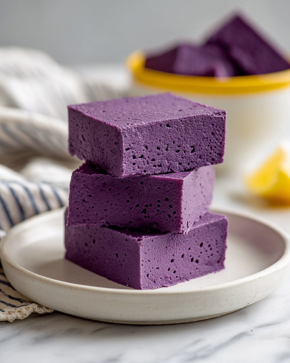 Three thick, square pieces of purple dessert are stacked on top of each other on a white plate. Each piece has a smooth, dense texture with tiny holes visible on the surface. The top layer is flat with some uneven edges, showing the moist inside. In the background, there is a white bowl with a yellow rim holding more purple dessert. The scene is set on a white marbled texture with a blurred striped cloth underneath the bowl. photo taken with an iphone --ar 4:5 --v 7