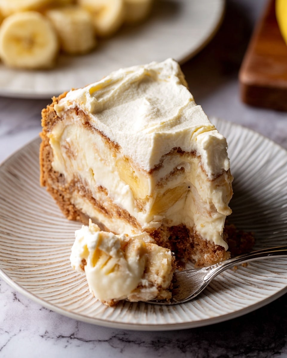 A thick slice of banana cream pie sits on a white plate with soft ridges. The pie has three main layers: the bottom layer is a crumbly, golden brown crust with a rough texture; the middle layer is a creamy filling mixed with chunks of pale yellow banana and swirls of light brown, all looking smooth but slightly textured; the top layer is a fluffy, pale yellow whipped cream that is thick and creamy with some peaks. A silver fork rests at the bottom right of the plate, holding a bite-sized piece of the pie. In the background, there is a blurred white plate with banana slices on a white marbled surface. photo taken with an iphone --ar 4:5 --v 7