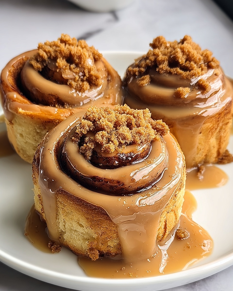 Three cinnamon rolls sit on a white plate, each roll showing multiple thick, golden-brown layers of dough spiraled tightly. The rolls are covered with a thick, shiny, light brown glaze that drips down the sides and pools onto the plate. On top of each roll are crumbled pieces of cinnamon sugar, adding a grainy texture contrast to the smooth glaze. The background has a white marbled texture. photo taken with an iphone --ar 4:5 --v 7