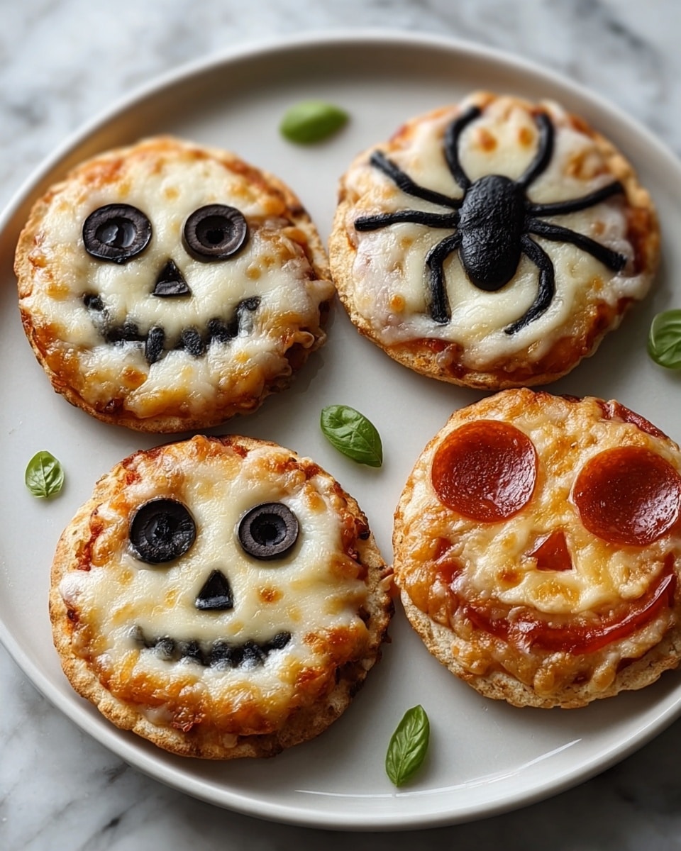 Four small personal pizzas sit on a white plate atop a white marbled texture. Each pizza has a golden-brown crust with melted white cheese on top. The cheese is shaped to create Halloween faces with cut-out eyes and mouths: two pizzas feature black olive slices as round eyes and black olive pieces for noses and mouth details, another pizza shows a spider made of black olives with legs spread out on the cheese, and the last pizza uses two round pepperoni slices as eyes with a pepperoni triangle nose and a smiling mouth formed in cheese. Small green basil leaves are scattered around the plate. Photo taken with an iphone --ar 4:5 --v 7