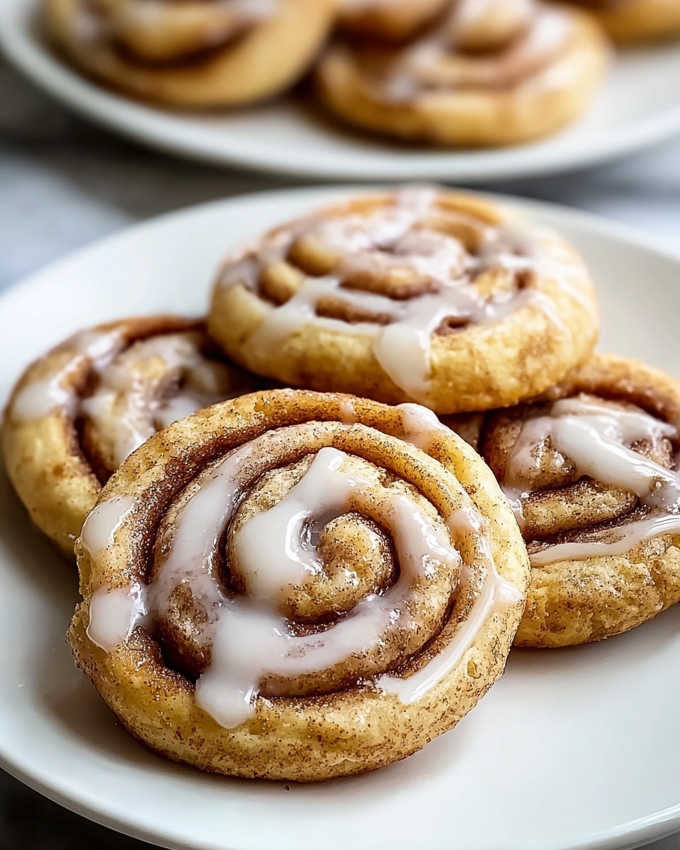 A close-up view of a white plate filled with several soft cinnamon roll cookies. Each cookie has one visible spiral layer made of light golden dough with a darker cinnamon sugar swirl, topped with a glossy white glaze drizzled unevenly along the spiral. The cookies have a slightly cracked, chewy texture with a shiny finish from the glaze. In the background, there is another white plate blurred with more cookies on a white marbled surface. photo taken with an iphone --ar 4:5 --v 7