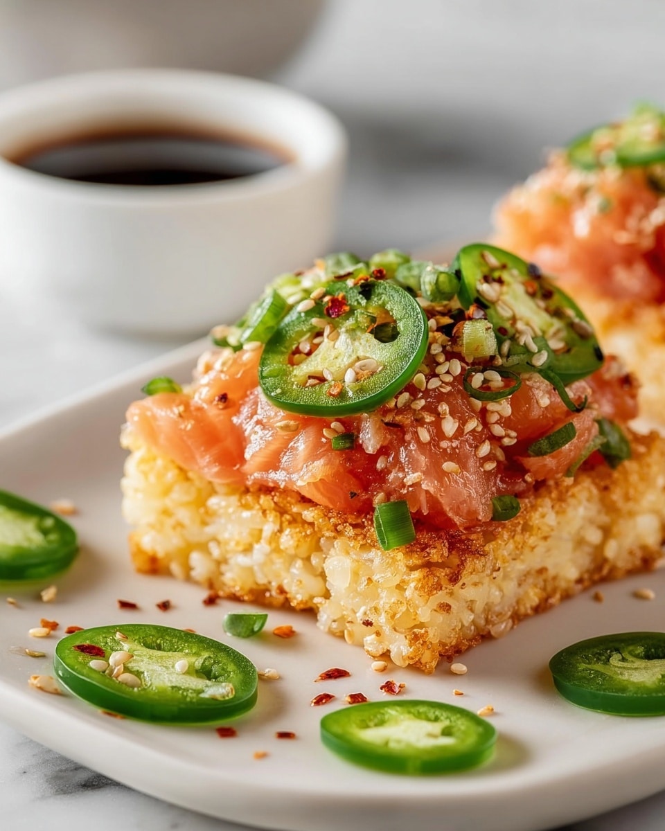 The image shows a close-up of a square, golden-brown crispy rice cake as the base layer with visible individual grains of rice, topped with a layer of finely chopped raw salmon mixed with sesame seeds. On top of the salmon, there are thin slices of green jalapeño pepper and small pieces of chopped green onion, along with red pepper flakes scattered for a spicy touch. The dish is plated on a white round plate with a few sliced jalapeños around it, all set against a white marbled surface. In the blurred background, there is a white bowl with a dark dipping sauce visible. Photo taken with an iphone --ar 4:5 --v 7